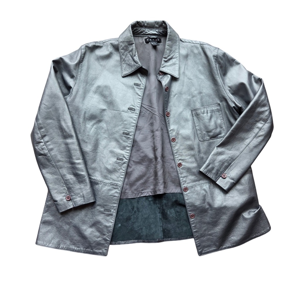 Revue Metallic Silver Leather Jacket Collared Long Sleeve Long Waisted Womens 12